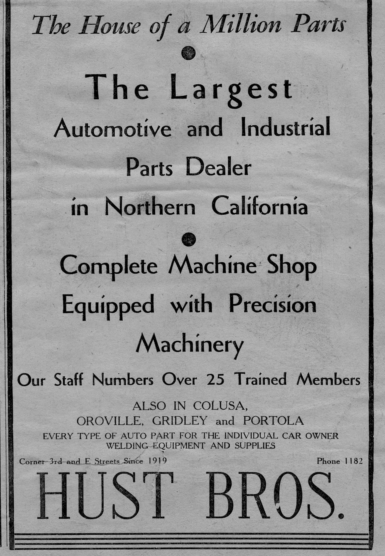 Historic Hust Brothers advertisement showing the corner of 3rd and E Streets in Marysville